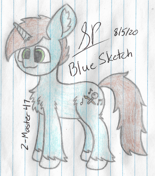 Size: 1900x2152 | Tagged: safe, artist:mlplayer dudez, derpibooru import, oc, unofficial characters only, pony, unicorn, chest fluff, cute, ear fluff, fluffy, happy, leg fluff, male, signature, smiling, solo, stallion, standing, traditional art