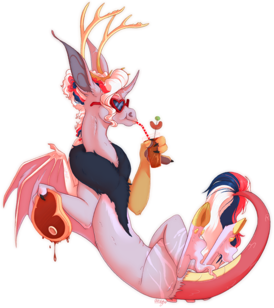 Size: 1280x1440 | Tagged: safe, artist:qatsby, derpibooru import, oc, oc:ophelia, unofficial characters only, draconequus, hybrid, antlers, big ears, cloven hooves, draconequus oc, drink, drinking, drinking straw, female, food, interspecies offspring, meat, offspring, omnivore, parent:discord, parents:discolight, parent:twilight sparkle, simple background, solo, steak, sunglasses, transparent background, underhoof