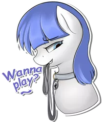 Size: 436x512 | Tagged: safe, artist:telegram, derpibooru import, oc, oc:snow pup, unofficial characters only, pony, bust, clenched teeth, collar, image, leash, pet tag, png, portrait, seductive look, simple background, sticker, telegram sticker, text, transparent background