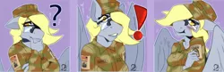 Size: 1280x416 | Tagged: anthro, army, artist:sintacle, blushing, commission, derpibooru import, derpy hooves, digital art, emotes, exclamation point, female, floppy ears, glasses, hat, pegasus, question mark, safe, shocked, shocked expression, simple background, solo, spread wings, wings