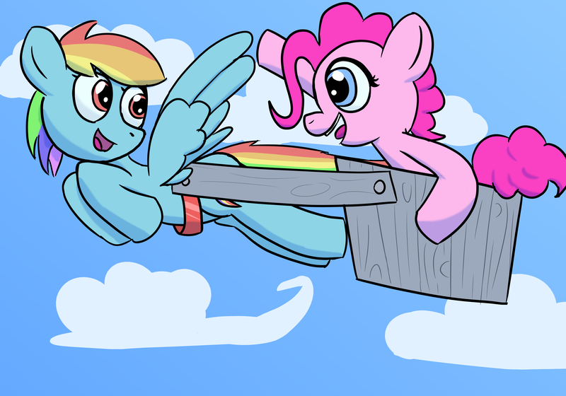 Size: 5000x3500 | Tagged: safe, artist:platypus in a can, derpibooru import, pinkie pie, rainbow dash, cart, flying, wings