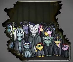 Size: 1200x1006 | Tagged: semi-grimdark, artist:r perils, derpibooru import, oc, oc:ipsywitch, unofficial characters only, earth pony, hybrid, pegasus, pony, sea pony, unicorn, clothes, colt, deep one, digital art, family, family photo, female, filly, foal, horn, male, mare, photo, stallion, wings, younger