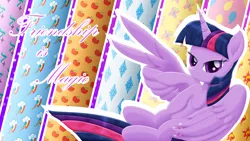 Size: 2560x1440 | Tagged: safe, artist:lifesharbinger, derpibooru import, twilight sparkle, twilight sparkle (alicorn), alicorn, pony, cutie mark, female, high res, looking at you, mare, peace sign, smiling, solo, text, twilight sparkle day, wing hands, wings