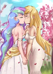 Size: 1472x2048 | Tagged: adorasexy, applejack, applelestia, artist:thebrokencog, beautisexy, boob squish, breasts, busty applejack, busty princess celestia, chest freckles, clothes, cute, derpibooru import, dress, female, females only, freckles, holding hands, human, humanized, kissing, lesbian, marriage, princess celestia, sexy, shipping, shoulder freckles, source needed, suggestive, symmetrical docking, wedding, wedding dress