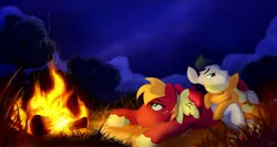 Size: 1280x683 | Tagged: safe, artist:rutkotka, derpibooru import, apple bloom, applejack, big macintosh, oc, oc:constance everheart, pony, campfire, canon x oc, commission, cute, everjack, family, female, filly, grass, laughing, male, mare, nature, night, orchard, shipping, stallion, straight, tall grass