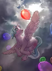 Size: 1766x2390 | Tagged: safe, artist:oops, derpibooru import, oc, oc:effy, unofficial characters only, alicorn, balloon, cloud, cloudy, digital art, flying, hooves, horn, sky, solo, wings