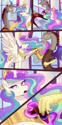 Size: 1280x2588 | Tagged: safe, artist:xjenn9, derpibooru import, discord, princess celestia, alicorn, draconequus, pony, comic:celestia's corruption, comic, corrupted, duo, magic, story included, transformation