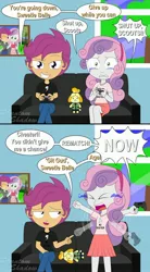 Size: 1920x3467 | Tagged: safe, artist:phantomshadow051, derpibooru import, scootaloo, sweetie belle, equestria girls, female, isabelle (animal crossing), lesbian, mini comic, motion blur, plushie, scootabelle, shipping, video game