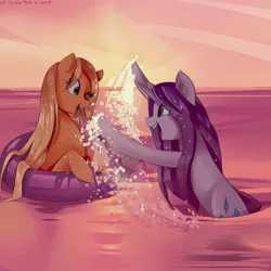 Size: 3000x3000 | Tagged: safe, artist:xjenn9, derpibooru import, applejack, rarity, earth pony, pony, unicorn, female, high res, inner tube, laughing, lesbian, ocean, rarijack, shipping, sunset, wet, wet mane