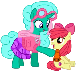 Size: 1117x1043 | Tagged: safe, alternate version, artist:徐詩珮, derpibooru import, apple bloom, glitter drops, earth pony, pony, unicorn, series:sprglitemplight diary, series:sprglitemplight life jacket days, series:springshadowdrops diary, series:springshadowdrops life jacket days, adorabloom, alternate universe, background removed, backpack, bow, clothes, cute, cutie mark, dress, duo, eyelashes, female, filly, glitterbetes, goggles, hair bow, lifejacket, looking back, mare, open mouth, paw patrol, raised hoof, simple background, sitting, skye (paw patrol), smiling, the cmc's cutie marks, transparent background, underhoof