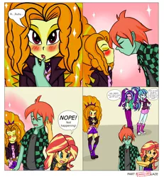 Size: 5578x6028 | Tagged: safe, artist:sodaska, derpibooru import, adagio dazzle, aria blaze, sonata dusk, sunset shimmer, oc, oc:ruby sword, equestria girls, bait and switch, bedroom eyes, blushing, canon x oc, crossed arms, ear pull, grumpy, kiss denied, lidded eyes, looking at each other, male, male pov, offscreen character, pouting, pov, puckered lips, shipping, shipping denied, sunsword, the dazzlings