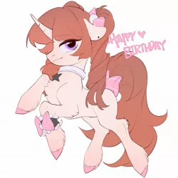 Size: 2048x2048 | Tagged: safe, artist:amo, derpibooru import, oc, unofficial characters only, pony, unicorn, collar, floppy ears, happy birthday, ponytail, simple background, solo, tail wrap, unshorn fetlocks, white background