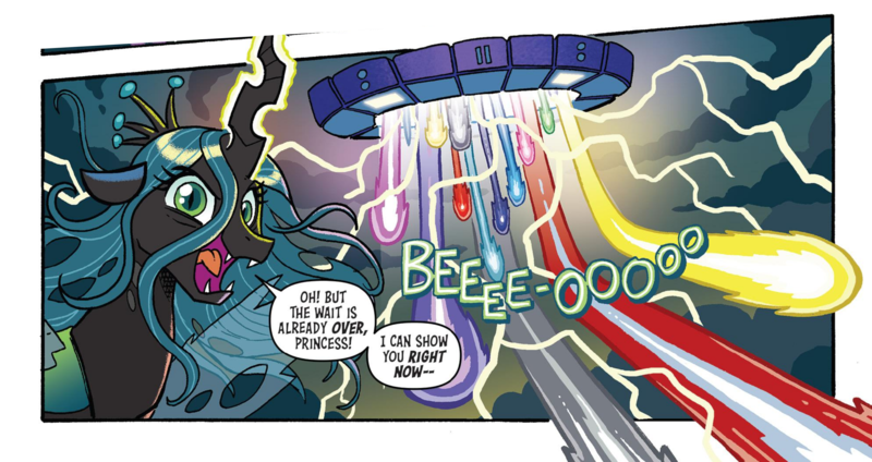 Size: 2761x1462 | Tagged: safe, derpibooru import, idw, queen chrysalis, changeling, spoiler:comic, spoiler:friendship in disguise, spoiler:friendship in disguise01, cropped, space bridge, transformers