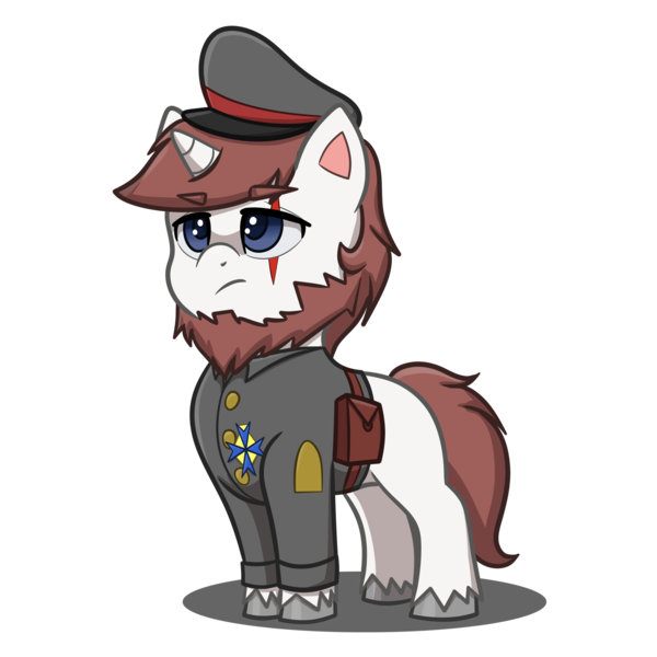 Size: 4093x4093 | Tagged: safe, artist:jcosneverexisted, derpibooru import, oc, oc:frederick, unofficial characters only, pony, unicorn, my little pony: pony life, angry, beard, cap, clothes, facial hair, hat, male, scar, simple background, solo, stallion, transparent background, uniform, unshorn fetlocks