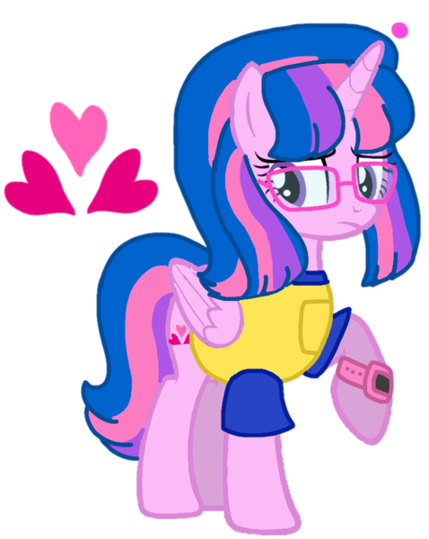 Size: 861x1080 | Tagged: safe, alternate version, artist:徐詩珮, derpibooru import, oc, oc:hsu amity, unofficial characters only, alicorn, pony, alicorn oc, base used, clothes, eyelashes, female, frown, glasses, horn, mare, not twilight sparkle, raised hoof, simple background, solo, transparent background, watch, wings