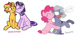 Size: 1566x731 | Tagged: safe, artist:yaaaco, derpibooru import, limestone pie, pinkie pie, starlight glimmer, sunset shimmer, earth pony, pony, unicorn, alternate hairstyle, annoyed, blushing, eyes closed, female, grin, hug, kiss on the cheek, kissing, lesbian, mare, one eye closed, open mouth, shimmerglimmer, shipping, siblings, simple background, sisters, sitting, smiling, white background, wink