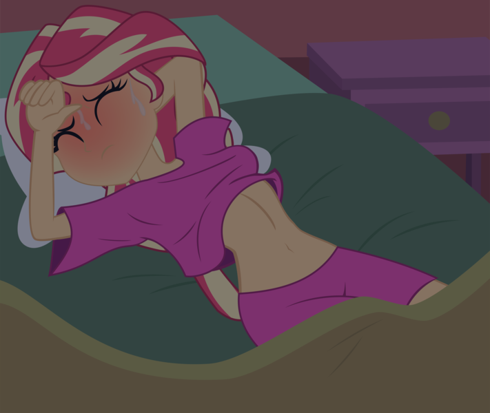 Size: 9546x8051 | Tagged: artist needed, source needed, safe, artist:darkplayerferraz269, derpibooru import, sunset shimmer, equestria girls, absurd resolution, arm behind head, base used, bed, bedroom, bedsheets, bedside stand, belly button, blanket, blushing, breasts, clothes, eyebrows, eyebrows up, eyelashes, female, heat, image, indoors, midriff, muticolored hair, night, nightmare, pajamas, pillow, png, red face, shirt, shirt lift, shorts, sleep shorts, sleep t-shirt, sleeping, solo, sweat, t-shirt