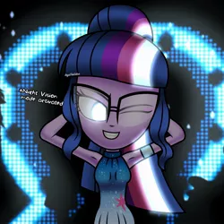 Size: 2500x2500 | Tagged: safe, artist:aryatheeditor, derpibooru import, sci-twi, twilight sparkle, equestria girls, accessories, armpits, blue background, blue eyes, clothes, cutie mark, cutie mark on clothes, dress, female, geode of telekinesis, glasses, glow, glowing eyes, grin, magical geodes, one eye closed, powerful sparkle, shirt, simple background, sleeveless, sleeveless shirt, smiling, solo, wink