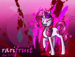 Size: 800x600 | Tagged: semi-grimdark, artist:mysteryart716, derpibooru import, rarity, wild card, pony, unicorn, elements of insanity, anti-heroine, apple, beautiful, blood, blue eyes, confident, eyeshadow, female, food, general hat, girly girl, hat, image, jpeg, makeup, mare, one hoof raised, pink eyeshadow, pink mane, pink tail, pose, rarifruit, smiling, solo, solo female, white fur