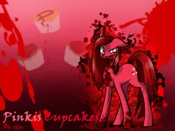 Size: 800x600 | Tagged: semi-grimdark, artist:mysteryart716, derpibooru import, pinkie pie, wild card, earth pony, pony, elements of insanity, anti-heroine, blood, bloody hooves, confident, cupcake, female, food, girly, image, jpeg, mare, pink fur, pinkamena diane pie, pinkis cupcakes, red mane, red tail, smiling, solo, solo female, this will end in cupcakes, tomboy