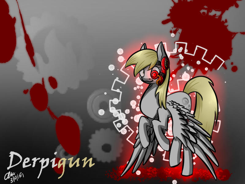 Size: 800x600 | Tagged: semi-grimdark, artist:mysteryart716, derpibooru import, derpy hooves, wild card, cyborg, pegasus, pony, elements of insanity, anti-heroine, blonde mane, blonde tail, blood, cutie mark, derpigun, female, gray fur, image, jpeg, mare, solo, solo female, tomboy