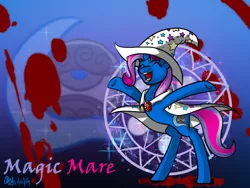 Size: 800x600 | Tagged: semi-grimdark, artist:mysteryart716, derpibooru import, magic hat, trixie, pony, unicorn, elements of insanity, antagonist, bipedal, blood, blue fur, cape, clothes, eyes closed, female, happy, hat, magic mare, mare, multicolored mane, multicolored tail, open mouth, smiling, solo, tomboy, villainess