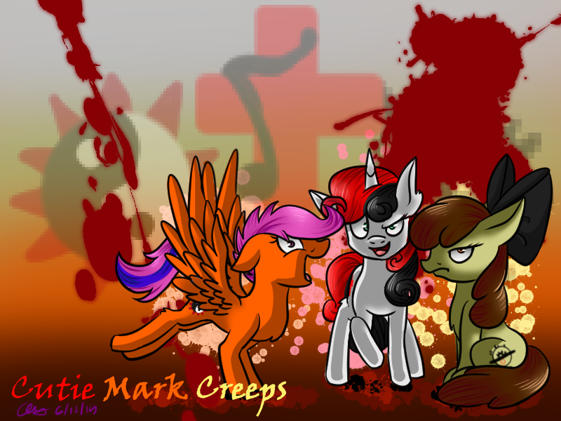 Size: 800x600 | Tagged: semi-grimdark, artist:mysteryart716, derpibooru import, apple bloom, scootaloo, sweetie belle, earth pony, pegasus, pony, unicorn, elements of insanity, alternate hair color, anti-heroines, black bow, blood, bow, brown mane, brown tail, confident, crazy face, creepy belle, cutie mark, cutie mark creeps, cutie mark crusaders, faic, female, francie bloom, green eyes, image, karateloo, multicolored mane, multicolored tail, open smile, orange fur, orange wings, pink mane, png, smiling, trio, trio female, unamused