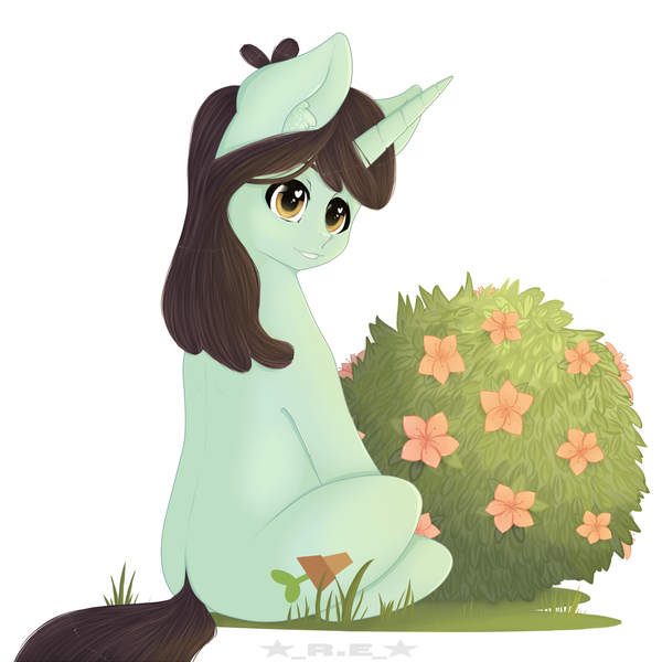 Size: 3840x3840 | Tagged: safe, artist:rise-of-evil-69, artist:rise_of_evil_69, derpibooru import, sprout greenhoof, pony, unicorn, big eyes, brown mane, ear fluff, flower, grass, grass field, green body, las pegasus resident, looking at you, plant, shrub, simple background, solo, white background, yellow eyes