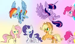 Size: 3180x1885 | Tagged: safe, artist:mysteryart716, artist:mysteryponyfan, derpibooru import, applejack, fluttershy, pinkie pie, rainbow dash, rarity, twilight sparkle, twilight sparkle (alicorn), alicorn, earth pony, pegasus, pony, unicorn, chest fluff, chibi, female, flying, fourth wall, grin, mane six, mare, now you're thinking with portals, pinkie being pinkie, portal, rearing, redraw, smiling, watermark