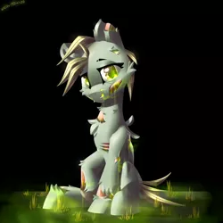 Size: 2600x2600 | Tagged: semi-grimdark, artist:shido-tara, derpibooru import, derpy hooves, ghoul, pegasus, undead, fallout equestria, decaying, glow, glowing eyes, looking at you, radiation, sitting, smiling