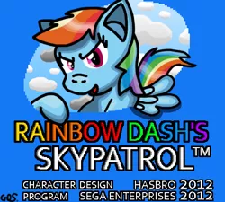 Size: 480x432 | Tagged: safe, artist:mudkip91/tetrahedron, derpibooru import, rainbow dash, pegasus, pony, 20% cooler, cloud, crossover, drawing edit, game crossover, gradient, rainbow dash approved, rainbow dash's skypatrol, rainbow text, sega, shading, sky, sonic the hedgehog (series), tails skypatrol, title, title screen