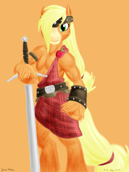 Size: 1800x2400 | Tagged: safe, artist:rockhoppr3, derpibooru import, applejack, anthro, earth pony, semi-anthro, g5, spoiler:g5, applejacked, applejack (g5), arm hooves, claymore, clothes, female, kilt, looking at you, muscles, muscular female, solo, sword, unshorn fetlocks, weapon