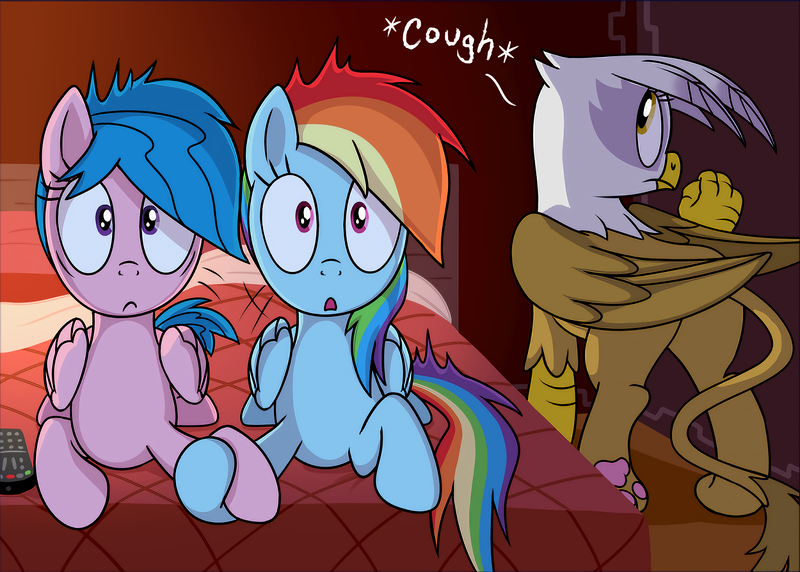 Size: 7200x5152 | Tagged: safe, artist:sorcerushorserus, derpibooru import, firefly, gilda, rainbow dash, gryphon, pegasus, pony, comic:dash academy, absurd resolution, bed, caught, comic, cough, dashfly, female, g1, holding hooves, hotel, hotel room, lesbian, mare, movie, pillow, remote control, shipping, television, upscaled, waifu2x