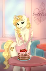 Size: 1080x1654 | Tagged: suggestive, artist:jerraldina, derpibooru import, sweet biscuit, anthro, unicorn, absolute cleavage, apron, breasts, busty sweet biscuit, cake, cleavage, clothes, female, food, fork, frills, leaning forward, looking at you, naked apron, open mouth, sexy, solo, solo female, strawberry, table