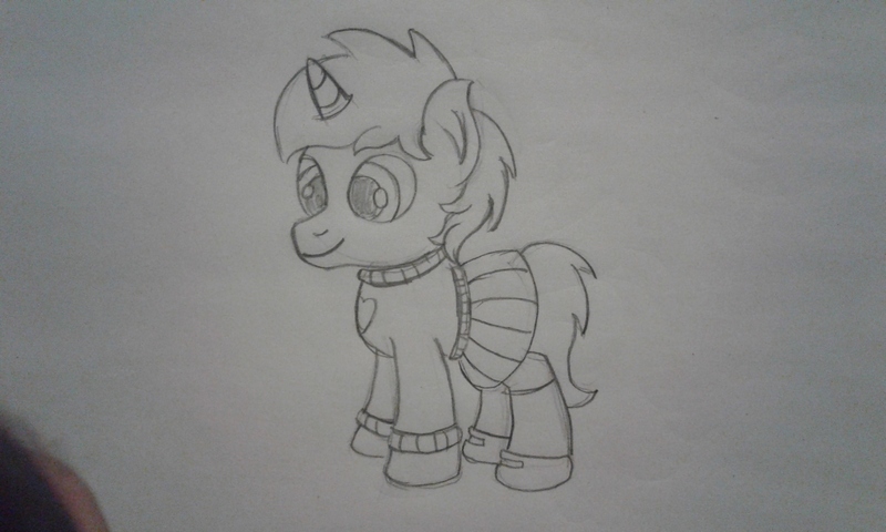 Size: 2560x1536 | Tagged: safe, artist:peternators, derpibooru import, oc, oc:heroic armour, unofficial characters only, pony, unicorn, clothes, colt, crossdressing, male, mary janes, monochrome, shoes, sketch, skirt, socks, solo, sweater, traditional art