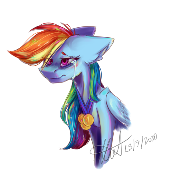 Size: 1280x1351 | Tagged: safe, artist:gigo-speedpaint, derpibooru import, rainbow dash, pegasus, pony, crying, female, mare, medal, simple background, solo, transparent background