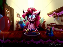 Size: 1280x966 | Tagged: semi-grimdark, alternate version, artist:gigo-speedpaint, derpibooru import, pinkie pie, earth pony, pony, fanfic:cupcakes, balloon, blood, blood everywhere, blood splatter, crazy grin, creepy, creepy smile, cupcake, fangs, female, food, glowing eyes, hat, horse meat, implied death, implied murder, kitchen, knife, looking at you, mare, meat, nightmare fuel, party cannon, party hat, plate, smiling, solo