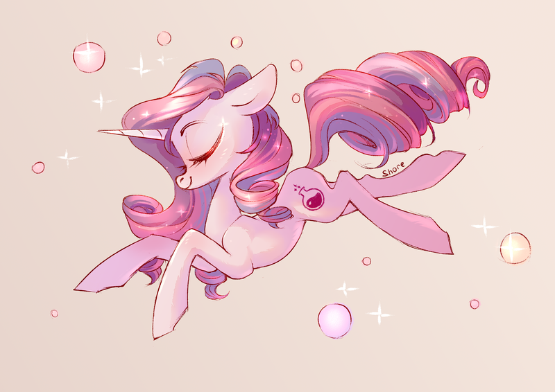 Size: 4093x2894 | Tagged: safe, artist:shore2020, derpibooru import, potion nova, pony, unicorn, my little pony: pony life, bubble, eyes closed, female, floppy ears, high res, mare, pink background, profile, simple background, solo