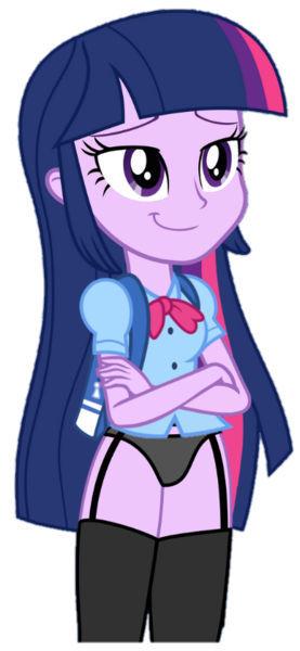 Size: 387x838 | Tagged: suggestive, artist:nightred15, artist:strumfreak, derpibooru import, edit, edited edit, editor:slayerbvc, vector edit, twilight sparkle, equestria girls, equestria girls (movie), background removed, backpack, black underwear, bow, breasts, clothes, cute, female, garter belt, no pants, shirt;, simple background, smiley face, smiling, smug, smuglight sparkle, socks, solo, solo female, stockings, thigh highs, transparent background, underwear, underwear edit, vector