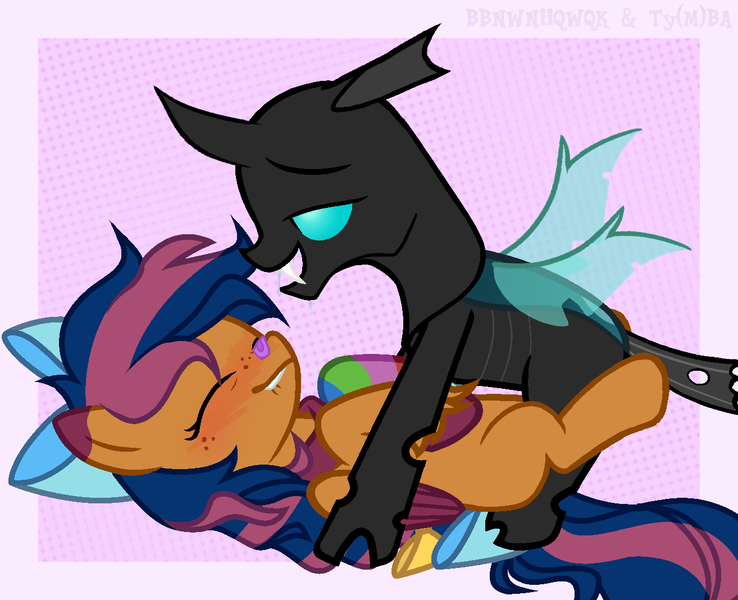 Size: 1314x1068 | Tagged: questionable, artist:norden, derpibooru import, thorax, oc, oc:solar comet, changeling, pegasus, pony, bandaid, bandana, bow, changeling on pony action, eyes closed, fangs, gay, hair bow, lip bite, male, mane bow, sex, sock, tail bow, wings