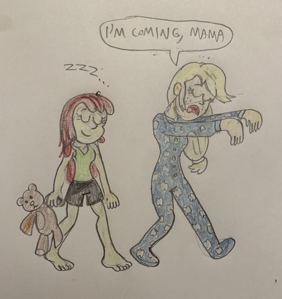 Size: 3024x3203 | Tagged: safe, artist:13mcjunkinm, derpibooru import, apple bloom, applejack, human, absurd resolution, adorabloom, apple sisters, barefoot, clothes, cute, duo, duo female, feet, female, footed sleeper, footie pajamas, freckles, humanized, implied pear butter, legs, pajamas, ponytail, request, shorts, siblings, sisters, sleeping, sleep talking, sleepwalking, speech bubble, tanktop, teddy bear