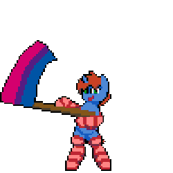 Size: 384x384 | Tagged: safe, artist:bitassembly, derpibooru import, oc, oc:cyberpon3, unofficial characters only, pegasus, pony, unicorn, animated, bipedal, bisexual pride flag, bitassembly's flag ponies, clothes, commission, flag waving, holding a flag, male, pixel art, pride, pride flag, simple background, socks, solo, stallion, stockings, striped socks, thigh highs, transparent background