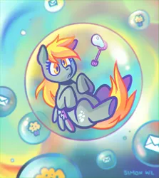 Size: 800x896 | Tagged: safe, artist:simondrawsstuff, derpibooru import, derpy hooves, pegasus, pony, bubble, bubble wand, confused, cute, female, food, i just don't know what went wrong, in bubble, letter, looking at you, mare, muffin, solo