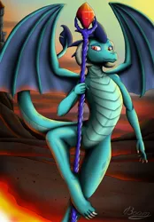 Size: 1280x1840 | Tagged: safe, artist:bomzzzik, derpibooru import, princess ember, dragon, bloodstone scepter, digital art, dragon lands, dragon lord ember, female, horns, scepter, smiling, solo