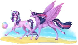 Size: 1834x1058 | Tagged: safe, artist:lou1911, derpibooru import, starlight glimmer, twilight sparkle, twilight sparkle (alicorn), alicorn, beach, beach ball, digital art, realistic anatomy, realistic horse legs, realistic wings, simple background, transparent background, wings