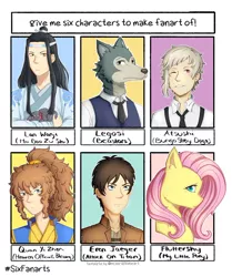 Size: 1080x1290 | Tagged: safe, artist:sketchsecrett, derpibooru import, fluttershy, anthro, human, pegasus, pony, wolf, six fanarts, anthro with ponies, attack on titan, beastars, bungou stray dogs, bust, clothes, crossover, eren jaeger, female, heaven official's blessing, legosi (beastars), mare, mo dao zu shi, necktie, one eye closed, wink