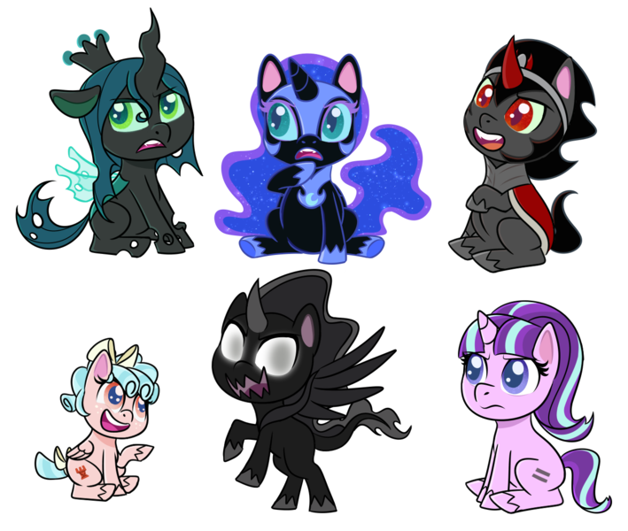 Size: 1300x1100 | Tagged: safe, artist:enigmadoodles, derpibooru import, cozy glow, king sombra, nightmare moon, pony of shadows, queen chrysalis, starlight glimmer, changeling, pony, unicorn, my little pony: pony life, the cutie map, cozybetes, cute, cutealis, equal cutie mark, female, g4 to g4.5, glimmerbetes, mare, moonabetes, shadorable, simple background, sombradorable, transparent background