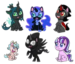 Size: 1300x1100 | Tagged: safe, artist:enigmadoodles, derpibooru import, cozy glow, king sombra, nightmare moon, pony of shadows, queen chrysalis, starlight glimmer, changeling, pony, unicorn, my little pony: pony life, the cutie map, cozybetes, cute, cutealis, equal cutie mark, female, g4 to g4.5, glimmerbetes, mare, moonabetes, shadorable, simple background, sombradorable, transparent background
