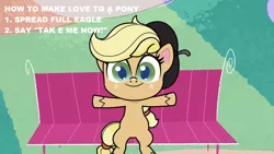 Size: 1280x720 | Tagged: suggestive, derpibooru import, edit, edited screencap, screencap, applejack, earth pony, pony, how applejack got her hat back, my little pony: pony life, spoiler:pony life s01e04, bench, beret, cute, female, hat, jackabetes, mare, solo