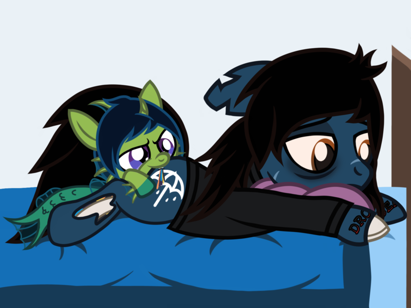 Size: 1600x1200 | Tagged: safe, artist:toyminator900, derpibooru import, oc, oc:demon hellspawn, ponified, ponified:oliver sykes, earth pony, half-siren, hybrid, pony, undead, zombie, zombie pony, baby, bags under eyes, bed, biting, blood, bone, bring me the horizon, butt bite, clothes, colored hooves, commission, curved horn, duo, duo male, fangs, fins, fish tail, floppy ears, hair over one eye, horn, lidded eyes, long sleeves, magical gay spawn, male, offspring, pillow, prone, rainbow blood, scales, scar, shirt, slit eyes, stitches, tattoo, torn ear